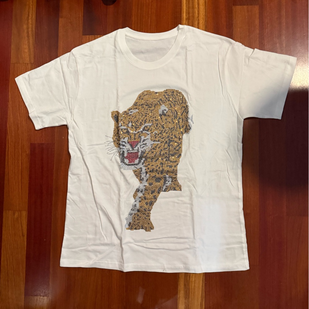 White Rhinestone Tiger Tee sz XL